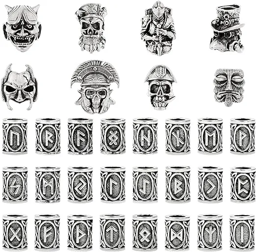 craftshou 32 Pieces Viking Beard Beads Norse Runes Hair Beads Pirate Skull Dreadlocks Bead for Jewelry Bracelets Pendant Necklace DIY Braiding Hair Braids