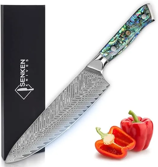 SENKEN Damascus Steel 7" Japanese Santoku Knife with Real Deep-Sea Abalone Shell ...