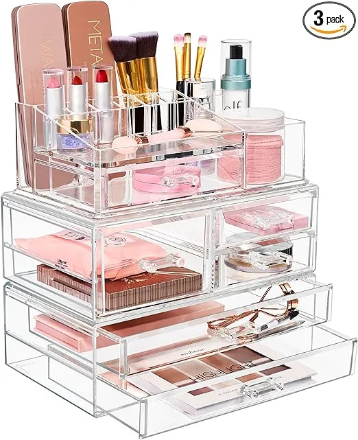 Sorbus Huge Acrylic Makeup Organizer - Extra Large Makeup Case & Display - Stackable 3 Piece Cosmetic Organizers and Storage Set with Acrylic Drawers - Great Vanity, Dresser & Bathroom Organizer