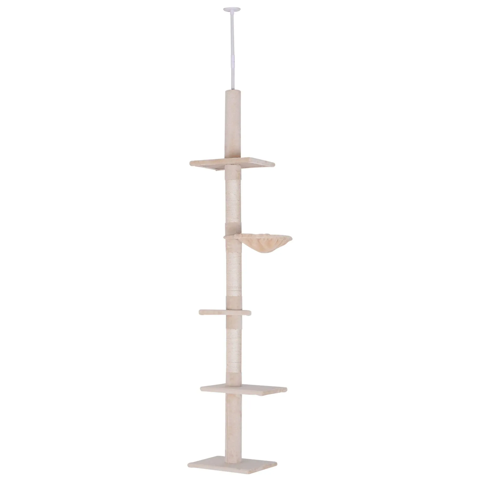 PawHut 8.5&#39; Adjustable Height Floor-To-Ceiling Vertical Cat Tree, Beige and White