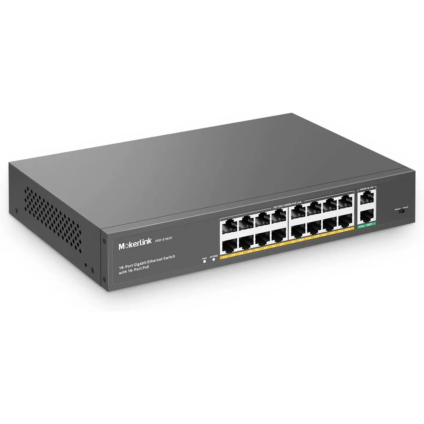 MokerLink 18 Port Gigabit PoE Switch, 16 Gigabit PoE+ Ports, 2 Gigabit Uplink, 250W IEEE802.3af/at, Metal Rackmount Unmanaged Plug and Play Ethernet Switch