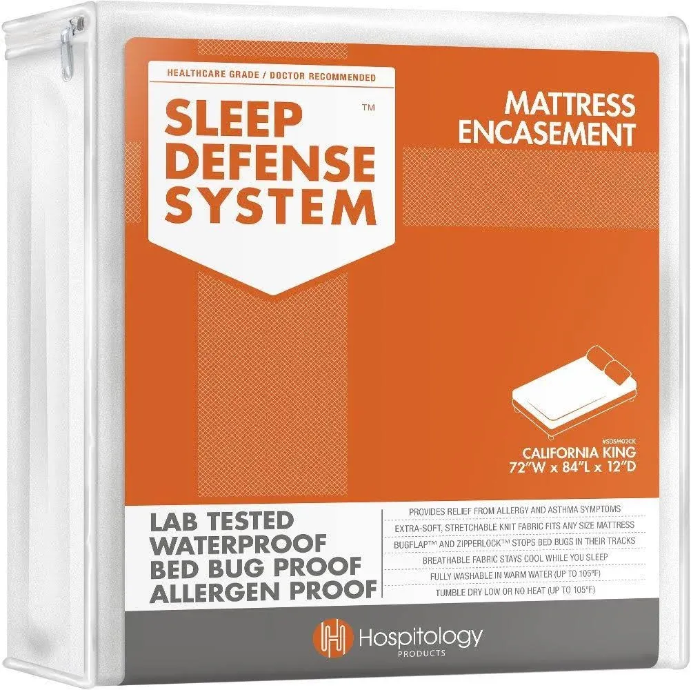 Hospitology Sleep Defense System Mattress Encasement Waterproof Bed Bug Proof Zippered Protector California King 72" W x 84" L - Standard Depth 12"