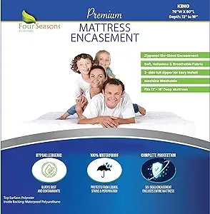 King Size Mattress Protector Bed Bug Waterproof Zippered Cover - Hypoallergenic Premium Quality Encasement Protects Against Liquids, Dust - Breathable, Noiseless White