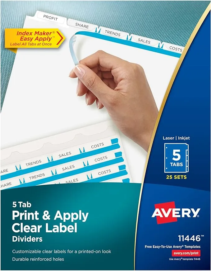 Avery - Print and Apply Index Maker Clear Label Dividers, 5 White Tabs, Letter, 25 Sets