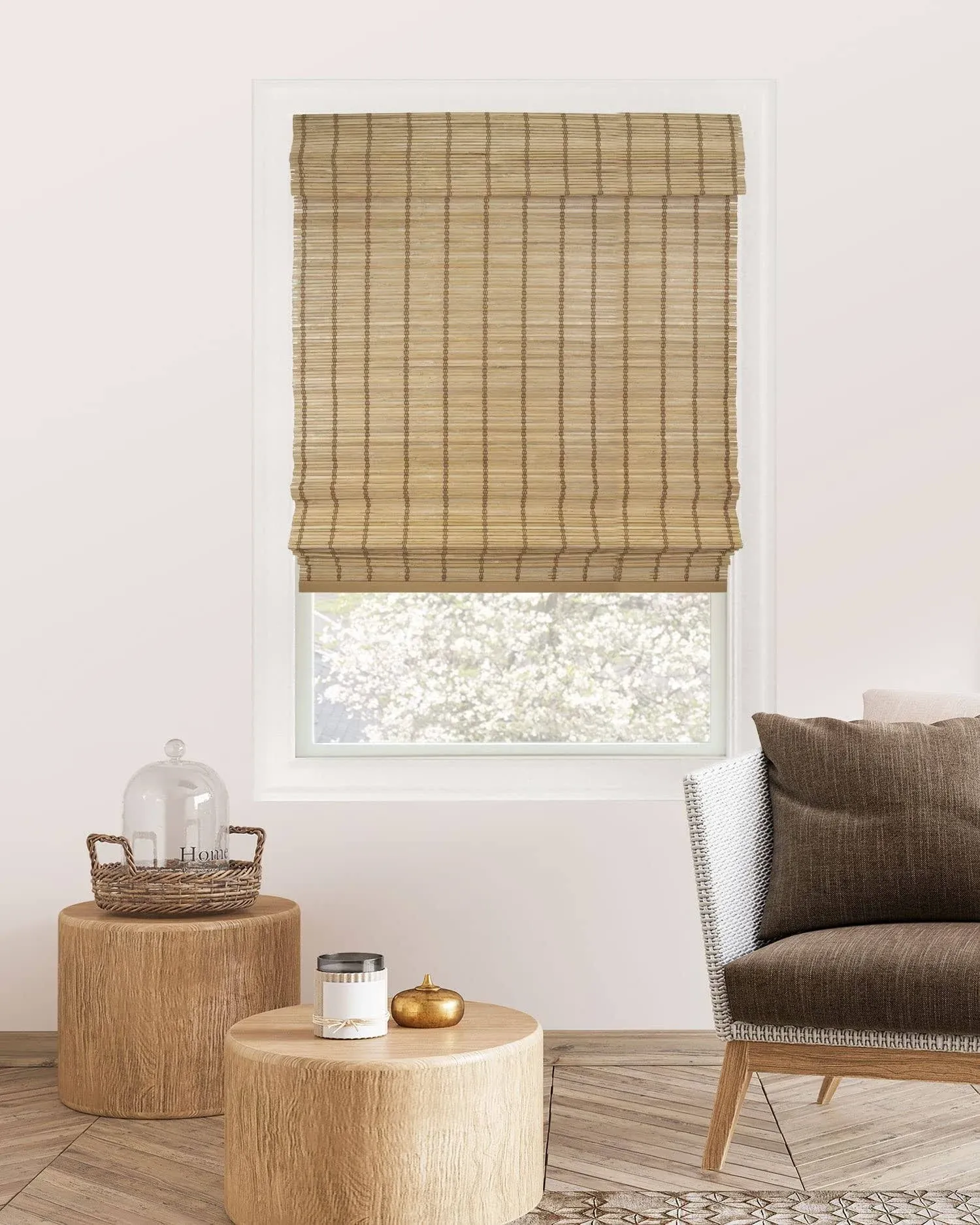 Chicology Premium True-to-Size Brown Deer Cordless Light Filtering Natural Woven Bamboo Roman Shade 34 in. W x 64 in. L BRD3464