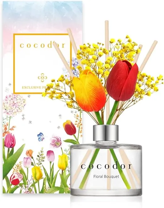 COCODOR Tulip & Preserved Real Flower Reed Diffuser/Floral Bouquet / 6.7oz(200ml) / 1 Pack/Reed Diffuser Set, Oil Diffuser & Reed Diffuser Sticks, Home Decor & Office