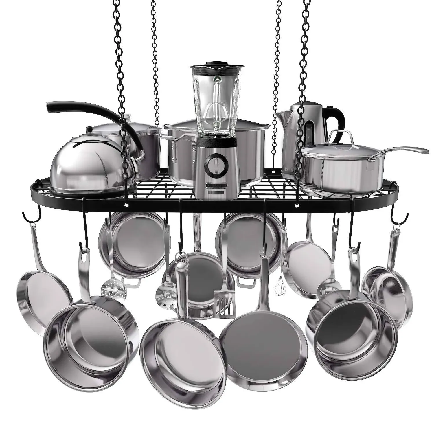 Vdomus Heavy-Duty Hanging Pot Rack - 33x17 Inches - Stylish Black Alloy Steel Ceiling Storage with 15 Hooks - Organize Kitchen Cookware and Utensils - Space-Saving Mounted Overhead Holder