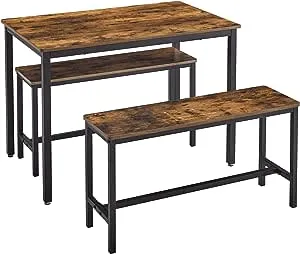 VASAGLE Dining Table Set for 4, Kitchen Table with 2 Benches, 27.6 x 43.3 x 29.5 Inches Dining Room Table, 11.8 x 38.2 x 19.7 Inches Bench, Rustic Brown and Ink Black UKDT070B01