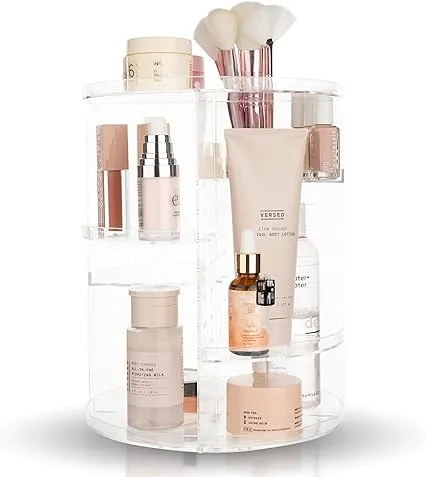 Masirs 360 Rotating Makeup Organizer - Large Capacity Adjustable Height & Fully Rotatable - Spinning Cosmetic Organizer for Bedroom Dresser or Vanity Countertop - (Clear)