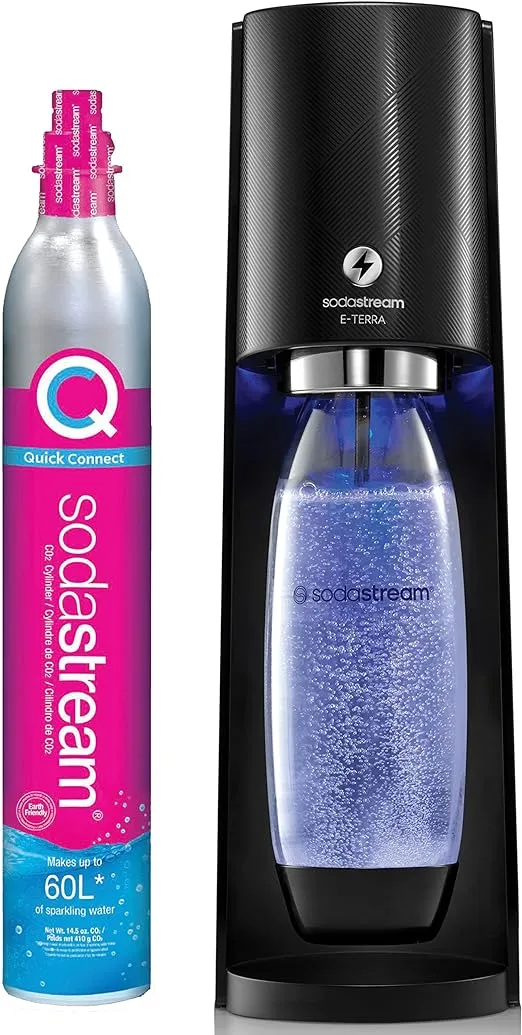 SodaStream E-TERRA 탄산수 제조기(검정색) CO2, 탄산 병, Pepsi® 무설탕 믹스 포함