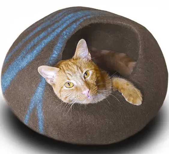 MEOWFIA Cat Cave – Premium Felt Cat Bed for Indoor Cats, Handmade 100% Merino Wool (Dark Shades) (Large, Black Aqua)