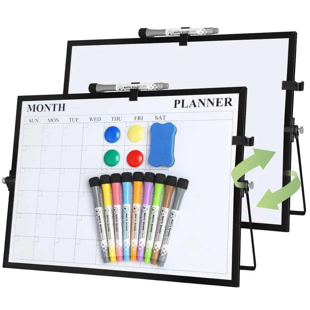 White Board, Jorking Dry Erase Calendar 16”x12” Magnetic Desktop Whiteboard with Stand, Monthly whiteboard for Wall Portable Double-Sided Dry Erase Board for Kitchen, Office, School, Gift idea, Black…