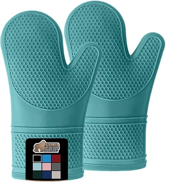 Gorilla Grip BPA-Free Soft SIlicone Oven Mitts, Heat and Slip Resistant Thick Cotton Lined Cooking Mitt Set, Long Flexible Potholders Protect Hands, Kitchen Essential Waterproof Glove, 12.5" Turquoise