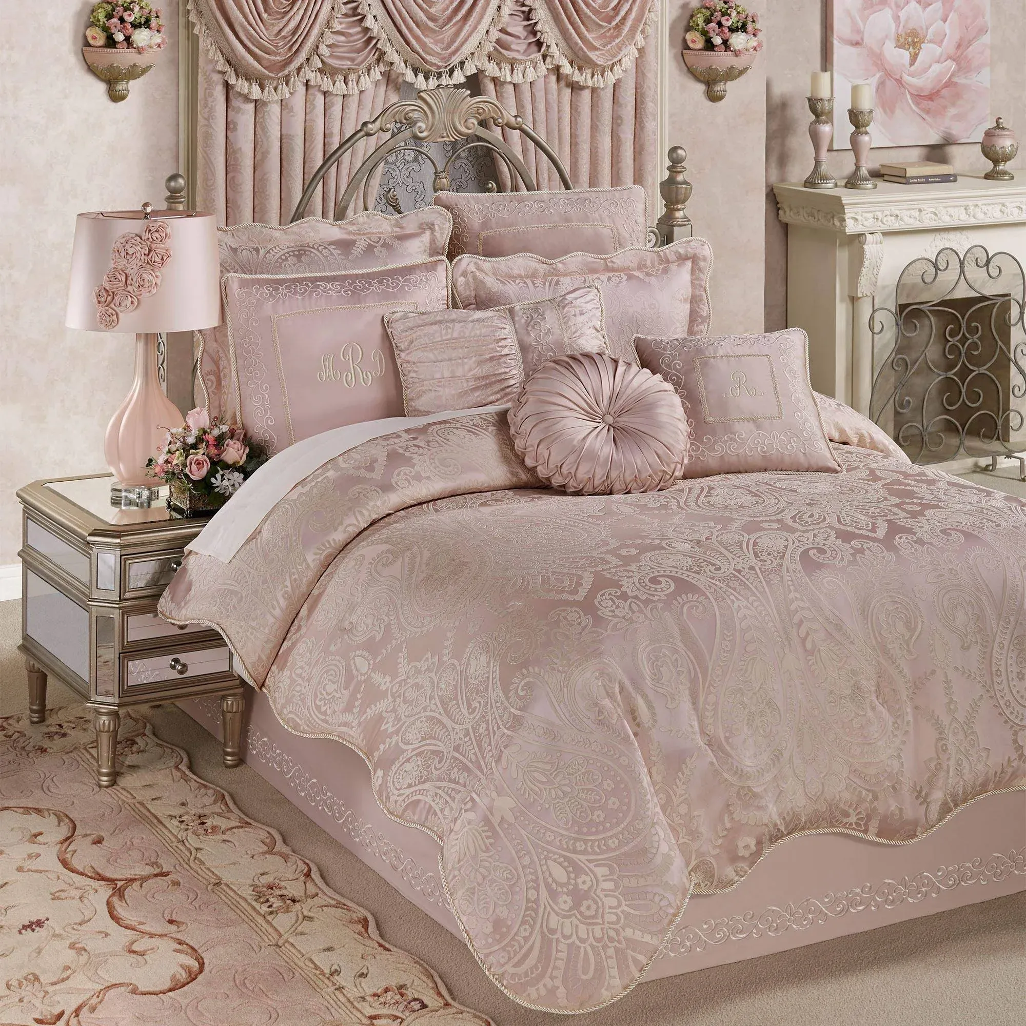 Touch of Class Romantic Princess Blush Oversized Jacquard Woven Scrollwork Bedspread Grande Cal King - Embroidered Luxury Regal Bedding - 24 Inch Drop - Polyester Satin