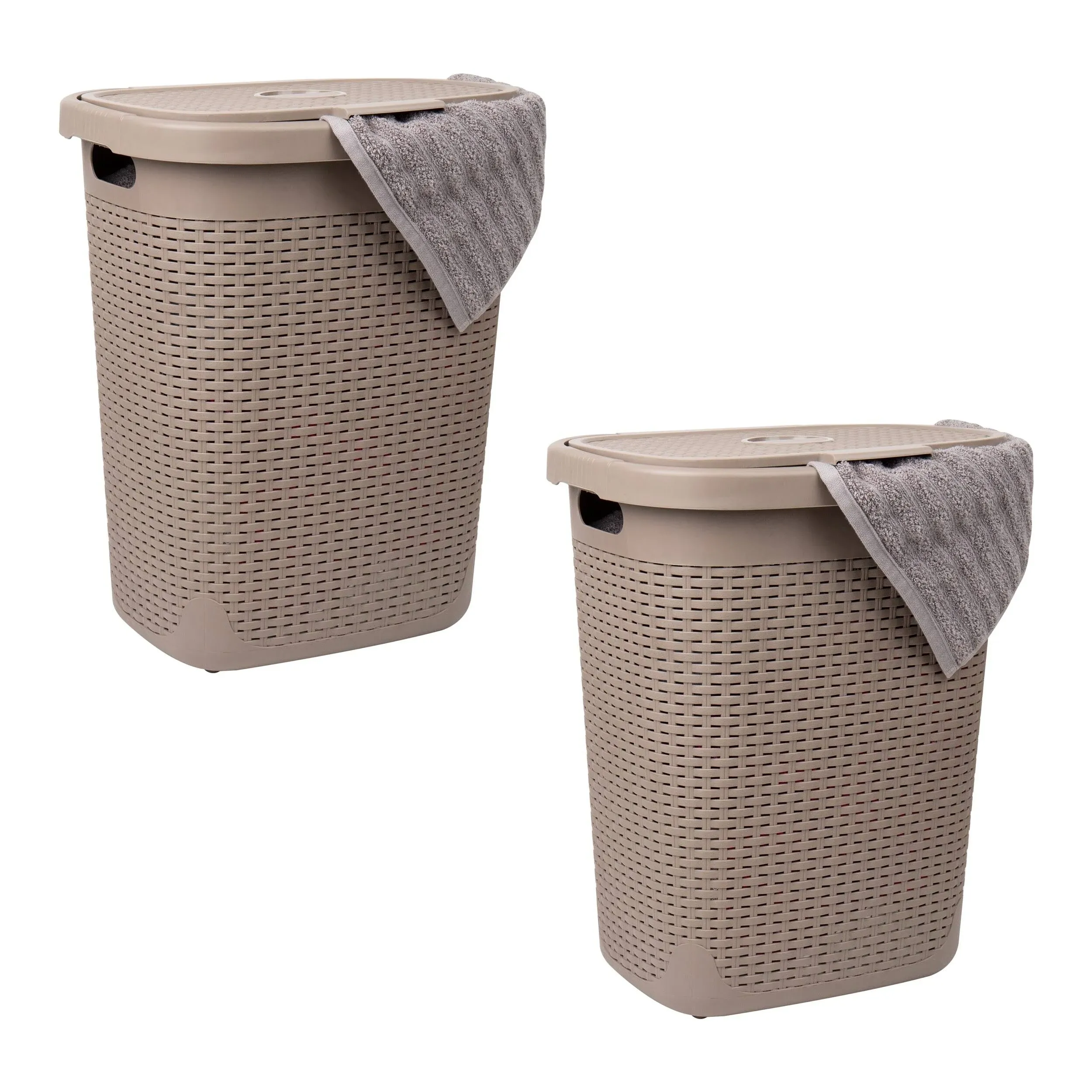 Mind Reader 50L Slim Laundry Hamper, Clothes Basket, Lid, Wicker Design, Plastic, 17.65"L x 13.75"W x 21"H, Set of 2, Tan