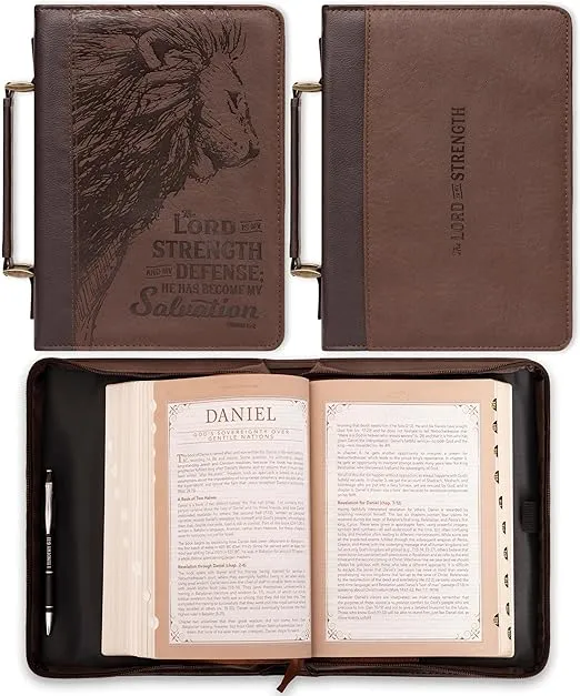 Christian Art Gifts Men's Classic Bible Cover The Lord is My Strength Lion Exodus 15:2, Brown Faux Leather, XL