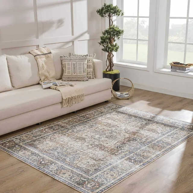 Manhattan Collection Machine Washable Area Rug for Living Room, Bedroom -Bohemian, Retro Vintage Distressed- Oriental Persian Medallion Carpet -Pet Friendly- Orange, Blue, Green, Brown - 7'10" x 10'