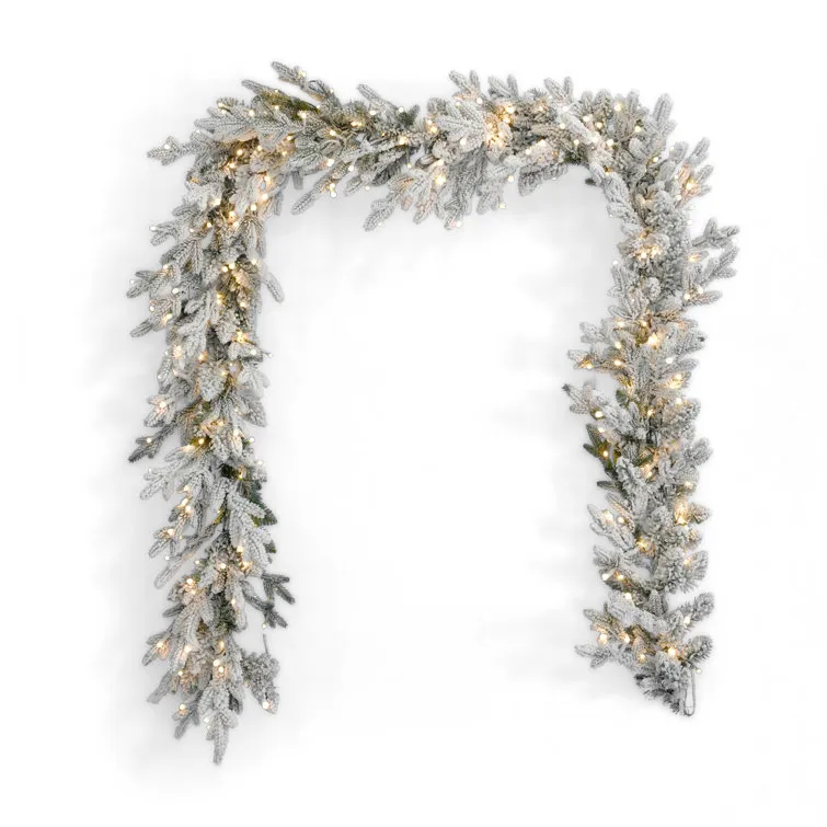 9' Dandan Flocked and Plug-In Pine Pre-Lit Garland with Lights