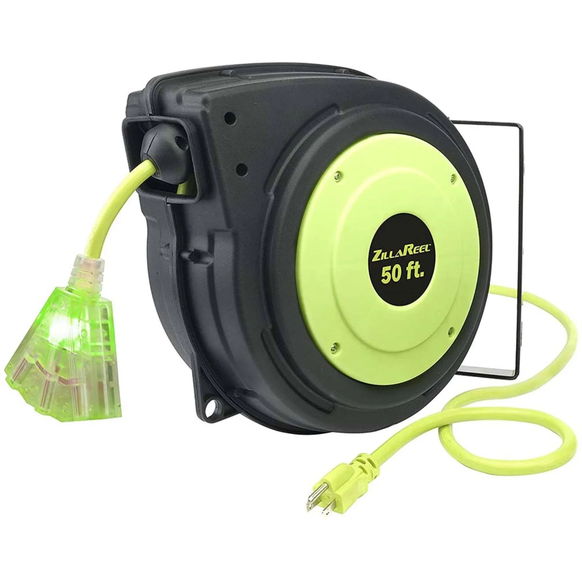 Flexzilla Retractable Extension Cord Reel - 50', 14/3 AWG SJTOW, Grounded Triple Tap Outlet