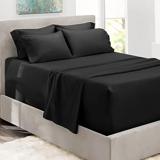 Hearth & Harbor Extra Deep Pocket Sheets - Fits Mattress 18-24 Inches Deep - Extra Deep Pocket Full Size Sheets Sets - 6 Piece Full Size Sheets - Full Sheets Deep Pocket - Black Sheets