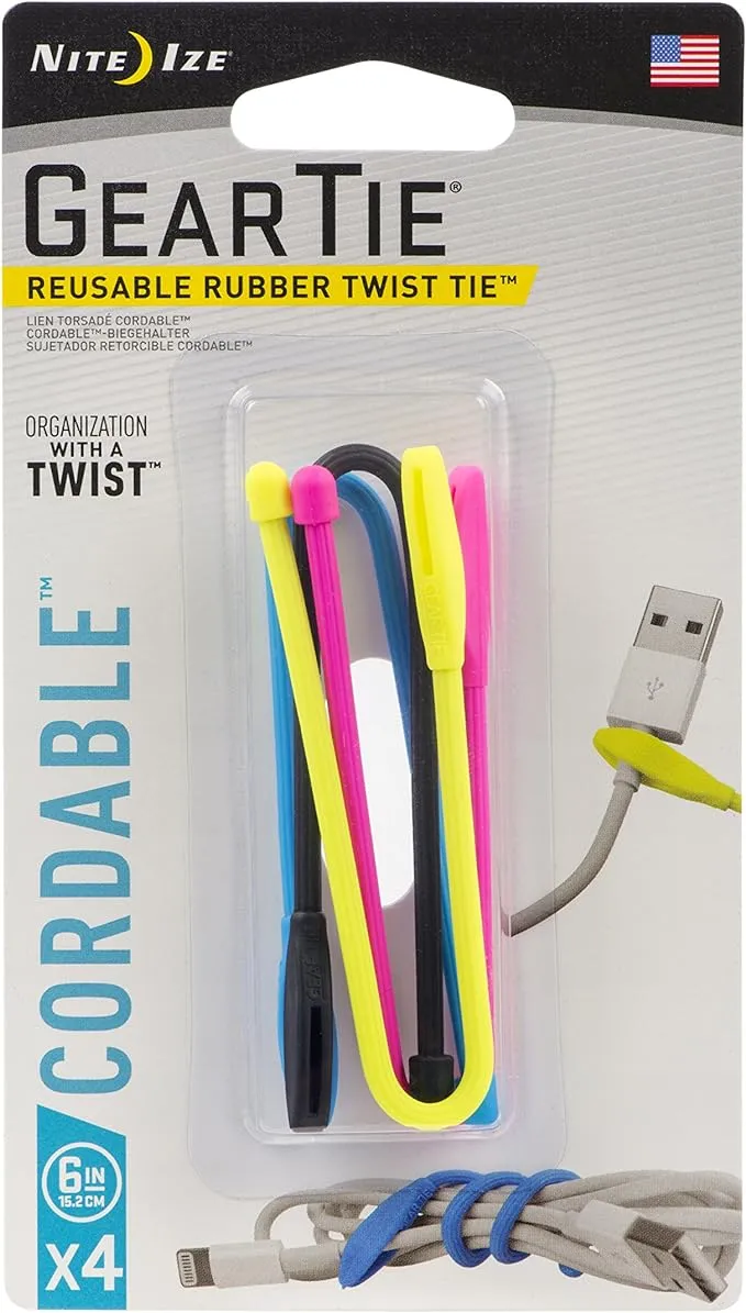 Nite Ize Gear Tie Cordable, The Orginal Reusable Rubber Twist Tie with Stretch-Loop For Cord Management + Storage, 6-Inch, Assorted Colors, 4 Pack, Made in the USANite Ize Gear Tie Cordable, The Orginal Reusable Rubber Tw…