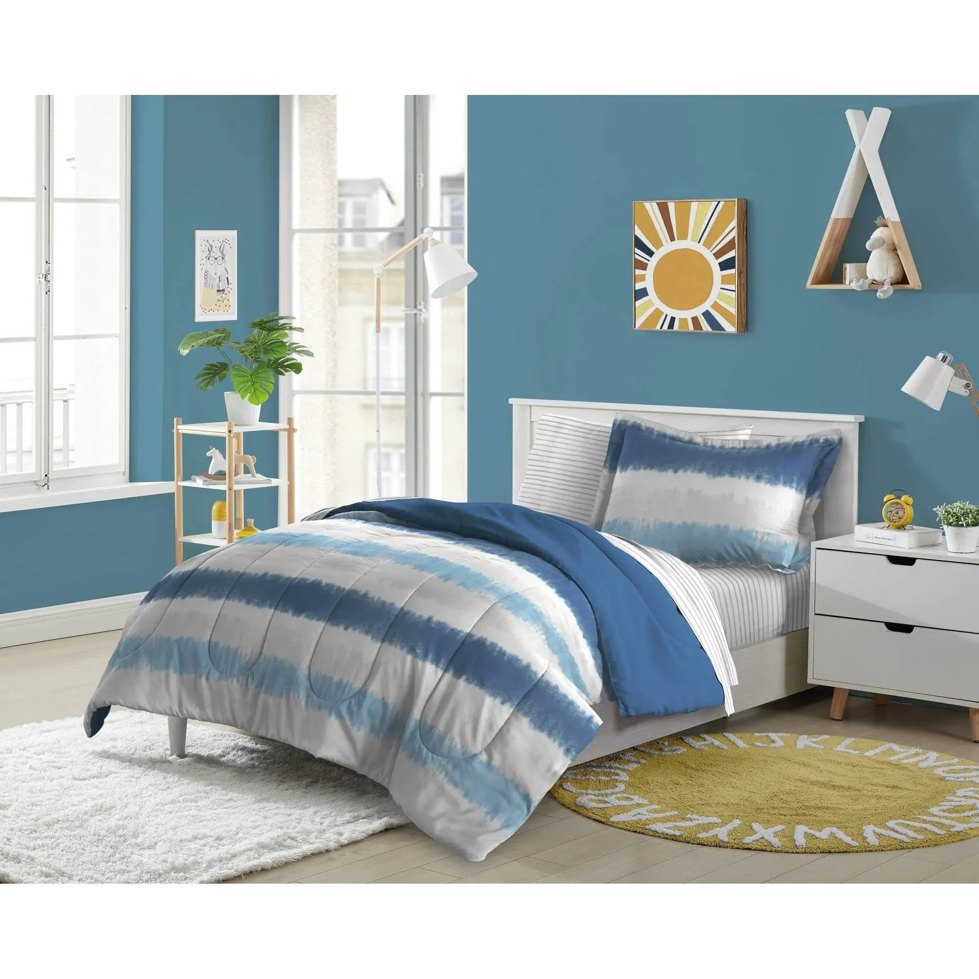 dream FACTORY Kids 7-Piece Complete Bed Set Easy-Wash Super Soft Microfiber Comforter Bedding, Full, Blue Tie Dye Stripe,2D872902BL