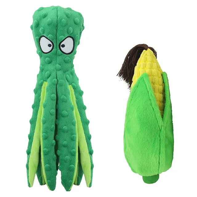 Durable Dog Squeaky Toys, 2 Pack No Stuffing Plush Crinkle Toys, Animal Chew Toy Interactive with Squeaker for Small Medium Large Dogs, Octopus/Corn Design