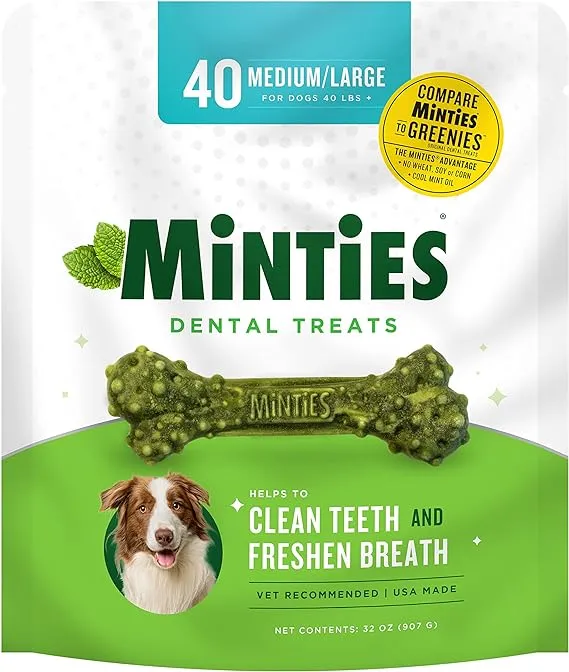 Minties Dental Chews for Dogs, Vet-Recommended Mint-Flavored Dental Treats for Medium/Large Dogs over 40 lbs, Dental Bones Clean Teeth, Fight Bad Breath, and Removes Plaque and Tartar, 40 Count