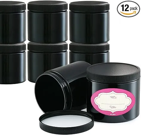 12 Pack, 8 Oz Black Plastic Jars with Black Lids &amp; Labels- Refillable, BPA-Free