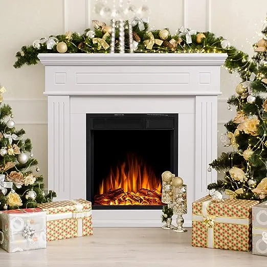 R.W.FLAME Electric Fireplace Mantel Wooden Surround Firebox, 36" White TV Stand with Freestanding Electric Fireplace, Remote Control, Adjustable Led Flame, 750W/1500w