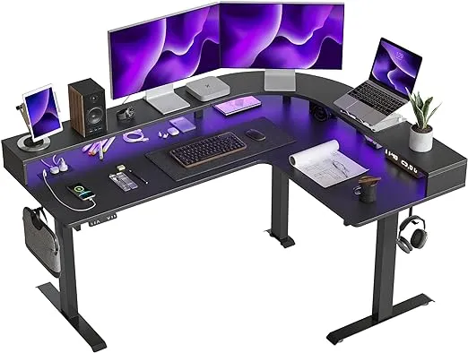 FEZIBO Triple Motor L Shaped Stadning Desk with LED Strip & Power Outrlets，63 inches Height Adjustable Stand up Corner Desk with Ergonomic Monitor Stand, Black Frame/Black Top