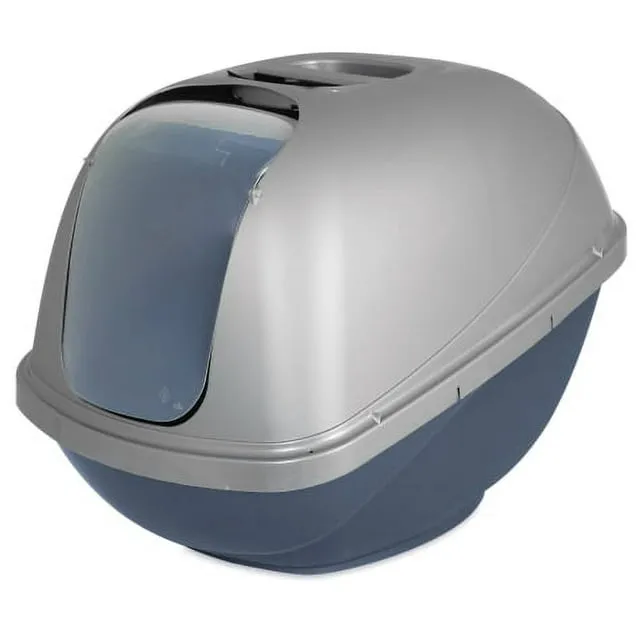 Petmate Basic Hooded Cat Litter Pan, Covered Plastic Cat Litter Box, Large, Blue Silver