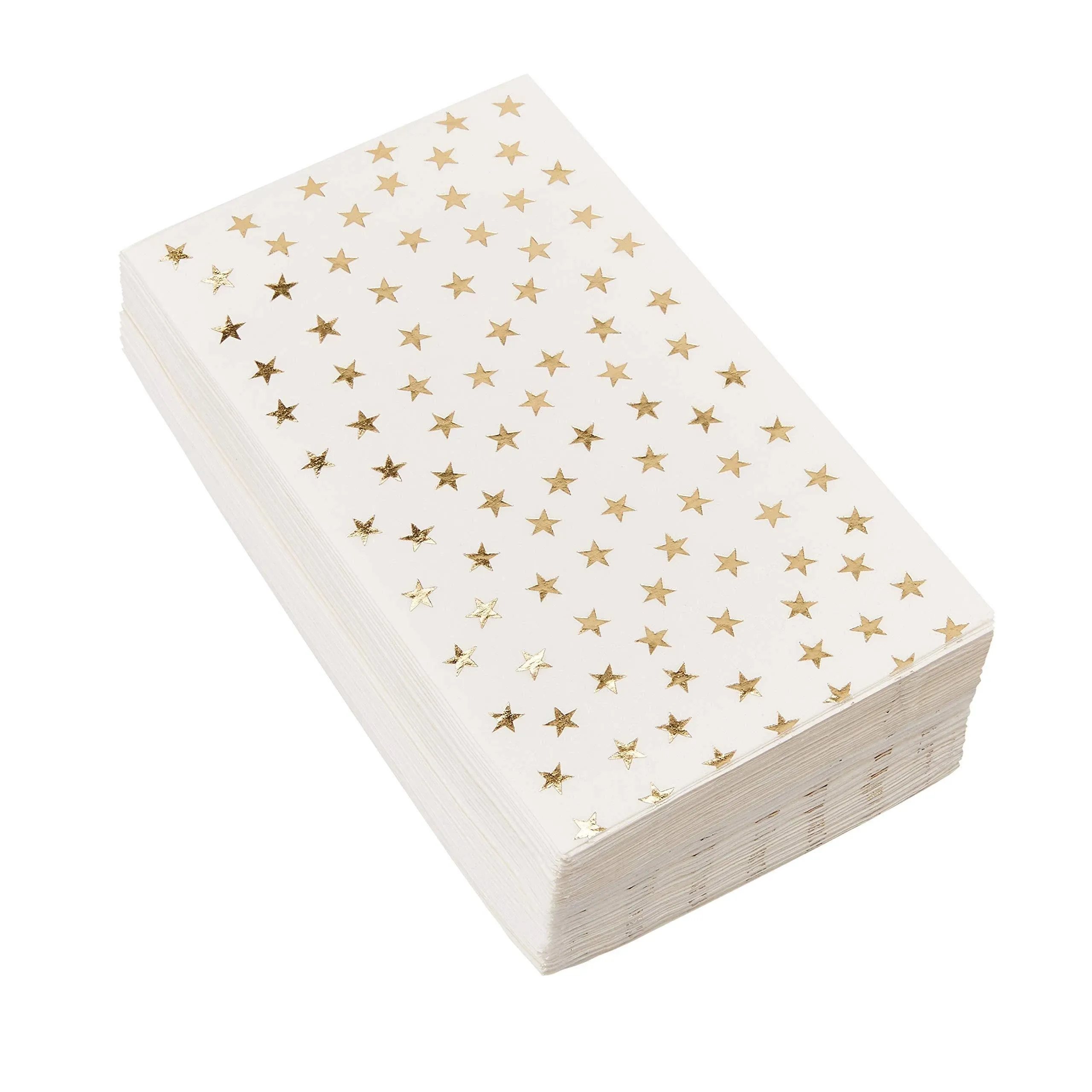 50 Pack White and Gold Dinner Napkins, Disposable w/ Gold Stars 3 Ply, 4x8 in