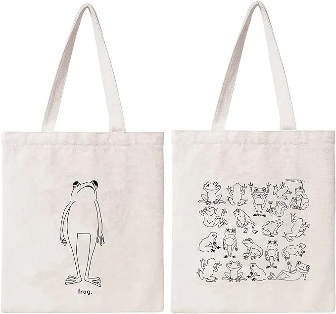 THEYGE Frog Tote Bag Cute Canvas Bag Aesthetic Funny Tote Bag For Women Frogs Tote Handbag Cotton Grocery Shopping Bag Beach Shoulder Bag