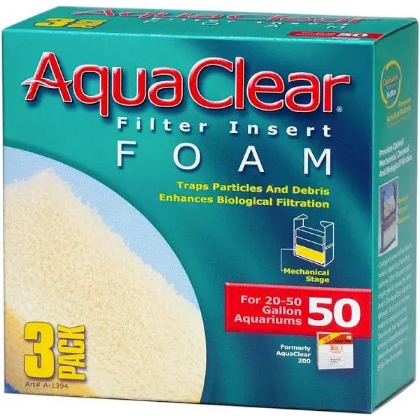 AquaClear 50 Foam Filter Inserts, Aquarium Filter Replacement Media, 3 Count (Pack of 1), A1394