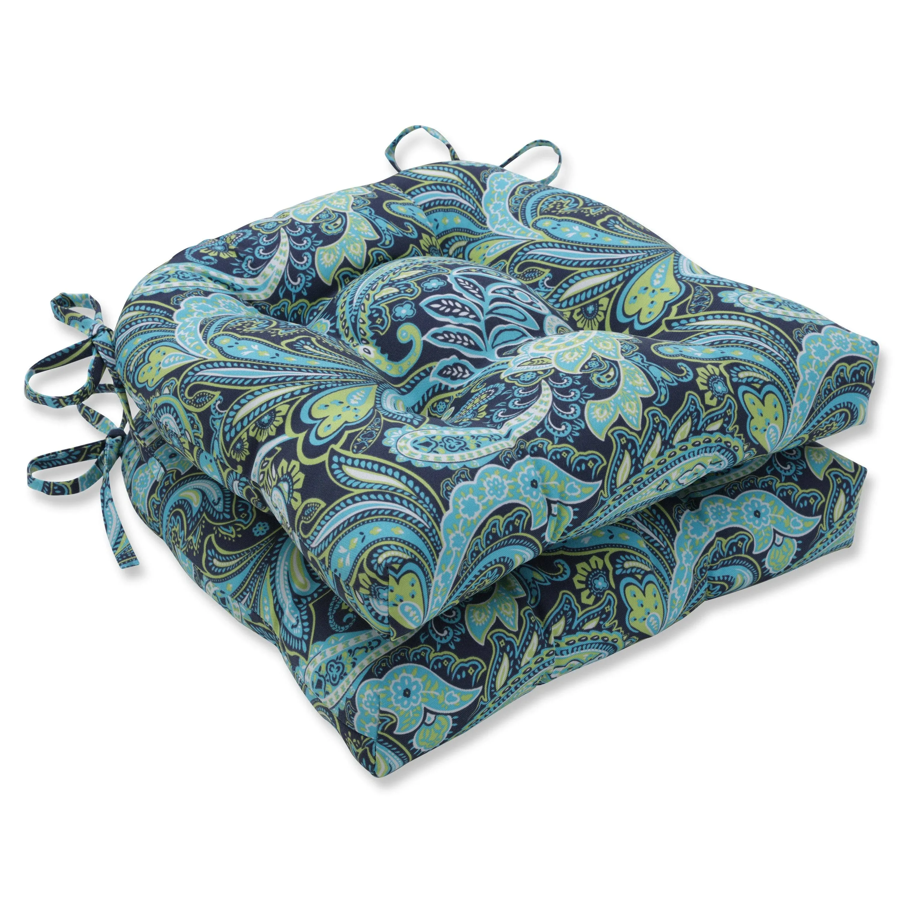 Pretty Paisley Navy Outdoor Deluxe Tufted Chairpad Set of 2 - Mediterranean - Outdoor Cushions And Pillows - by Pillow Perfect Inc | Houzz