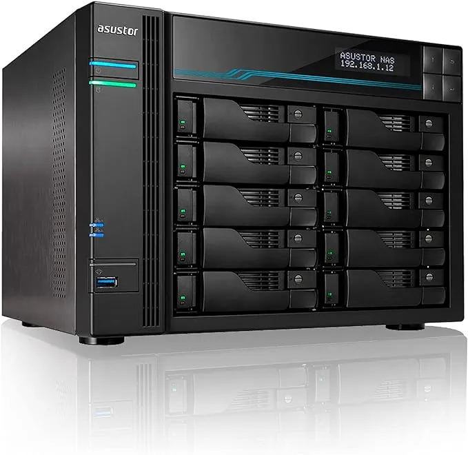 Asustor Lockerstor 10 AS6510T - 10 Bay NAS, 2.1GHz Quad-Core, 2 M.2 NVMe SSD Slot, 10GbE Port, 2.5GbE Port, 8GB RAM DDR4, Enterprise Network Attached Storage (Diskless)