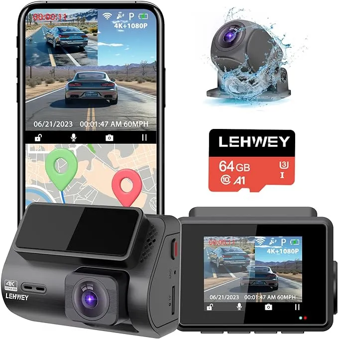 Dash Cam Camera Front and Rear - Lehwey Front 4K/Rear 1080P Dual Dash Camera for Cars, Built-in WiFi GPS, Free 64 GB Card, 170°Wide Angle, G-Sensor Parking Mode, Loop Recording, Night Vision