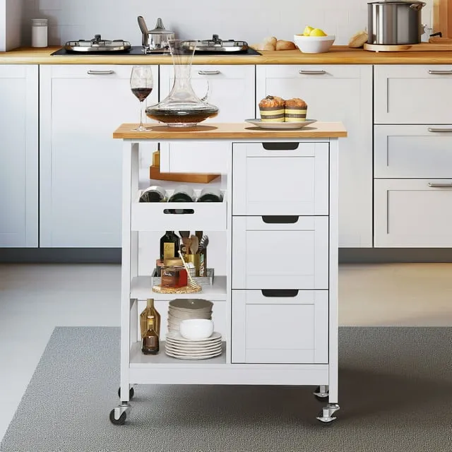 Dextrus Kitchen Storage Cart with Shelves and Drawers, Rolling Kitchen Island with Wheels, White