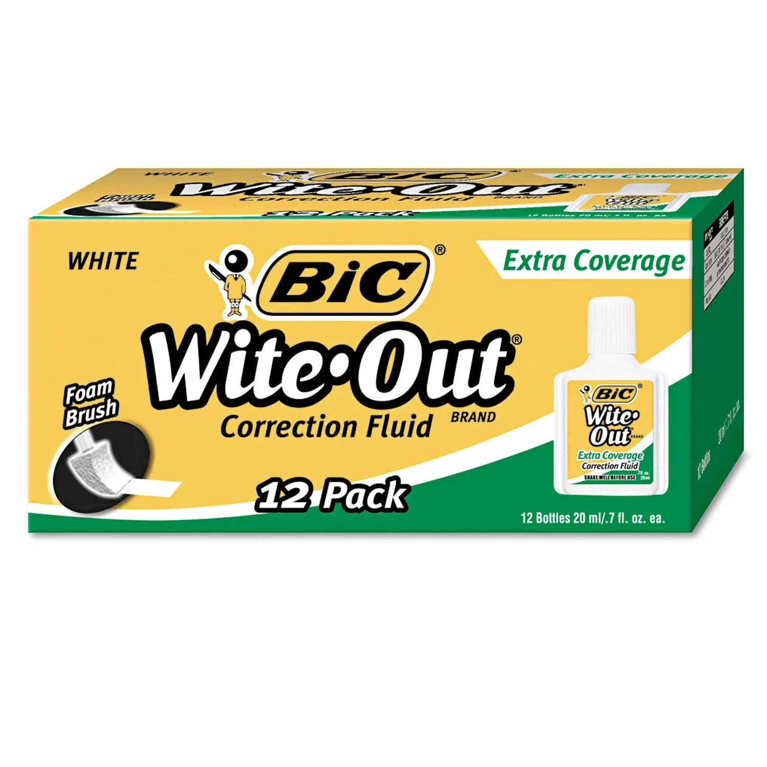 BIC Wite-Out Extra Coverage Correction Fluid, 0.7 ounces Bottle, White,(WOFEC12WE)