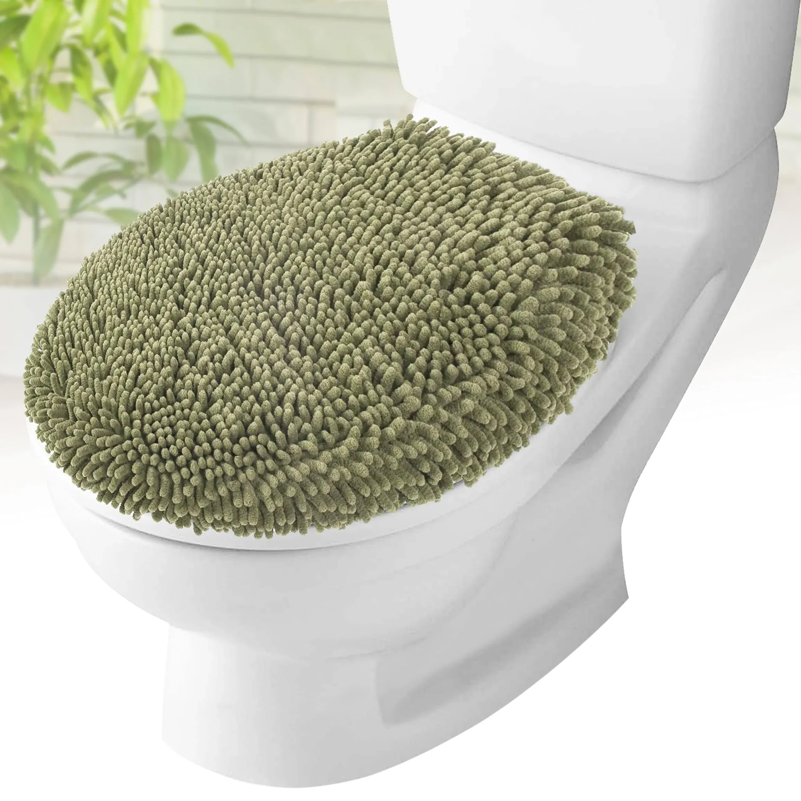 Toilet Lid Cover - Sage Green, Plush Microfiber Oval Toilet Seat Covers for Bathroom, Machine Washable Elongated Toilet Cover Seat, Stretches up to 21"x19"