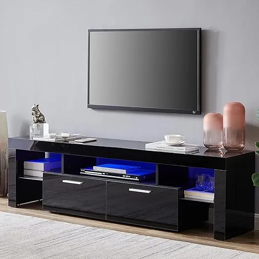 White TV Stand, BTMWAY New Upgraded Quick Assemble TV Cabinet Entertainment Center, Modern High Gloss Television Stand with 16 Color LED Lights and Drawers, TV Console Table for Living Room Bedroom