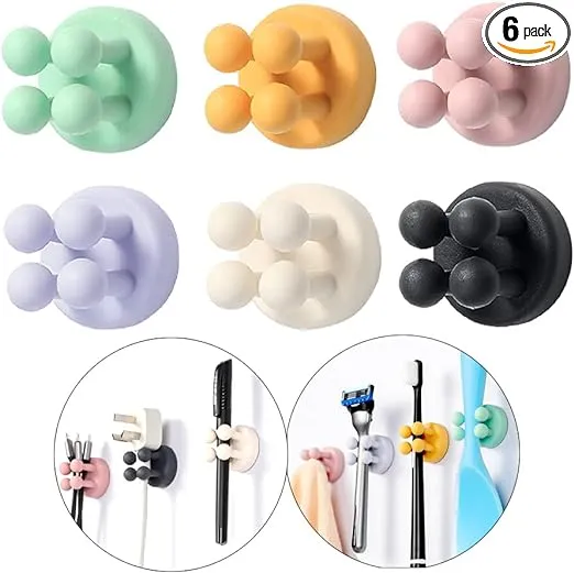 Silicone Toothbrush Holders - 6 Pcs Razor Hooks Adhesive Wall Mounted for Hanging Towel Key Plug Cable, Utility Decoration Hook Stick to Dorm Room Door Function for Kitchen Bathroom Home Office