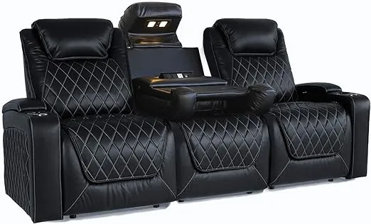 Valencia Oslo Home Theater Seating | Premium Top Grain Italian Nappa 11000 Leather, Power Headrest, Power Lumbar Support, with Center Console (Row of 3, Black)