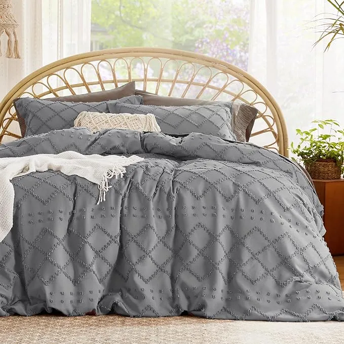 Bedsure Duvet Cover King Size - King Duvet Cover, King Boho Bedding for All Seasons, 3 Pieces Embroidery Shabby Chic Home Bedding Duvet Cover (Grey, King, 104x90)