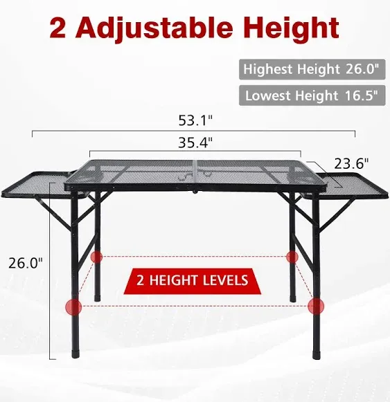 Folding Grill Table, 3x2 FT Portable Camping Table with 2 Wing Panels, Height Adjustable Metal Table with Mesh Desktop and Mesh Bag, Outdoor Table for Camping, Picnic, Beach and BBQ, Black