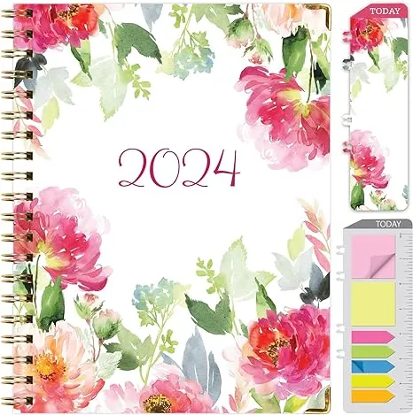 HARDCOVER 2024 Planner: (November 2023 Through December 2024) 8.5"x11" Daily Weekly Monthly Planner Yearly Agenda. Bookmark, Pocket Folder and Sticky Note Set (Elegant Floral)