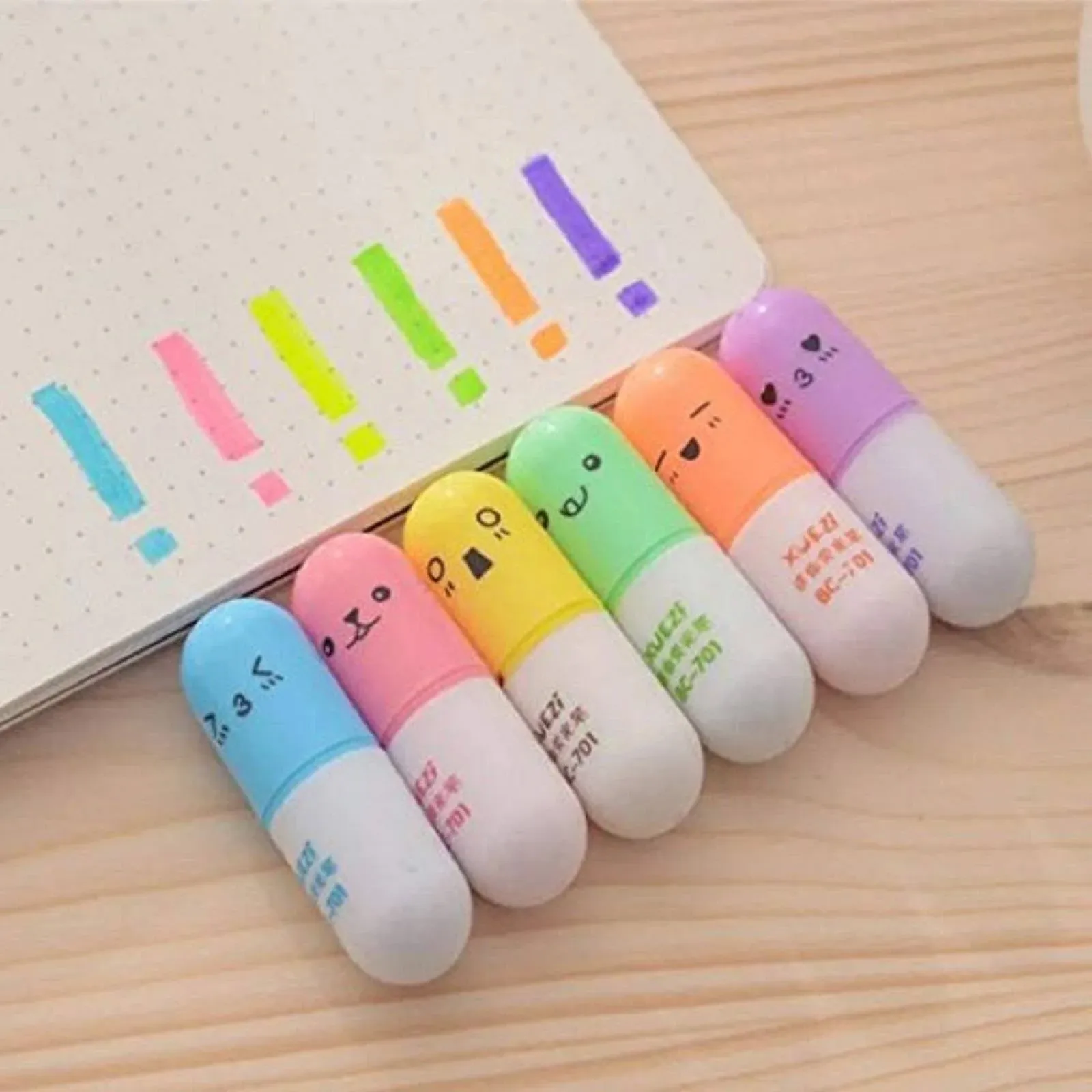 VANVENE 6 Pcs/Set Mini Pill Shaped Highlighter Pens for Writing Cute Face Graffiti Marker Pen Korean Stationery School Office Supplies