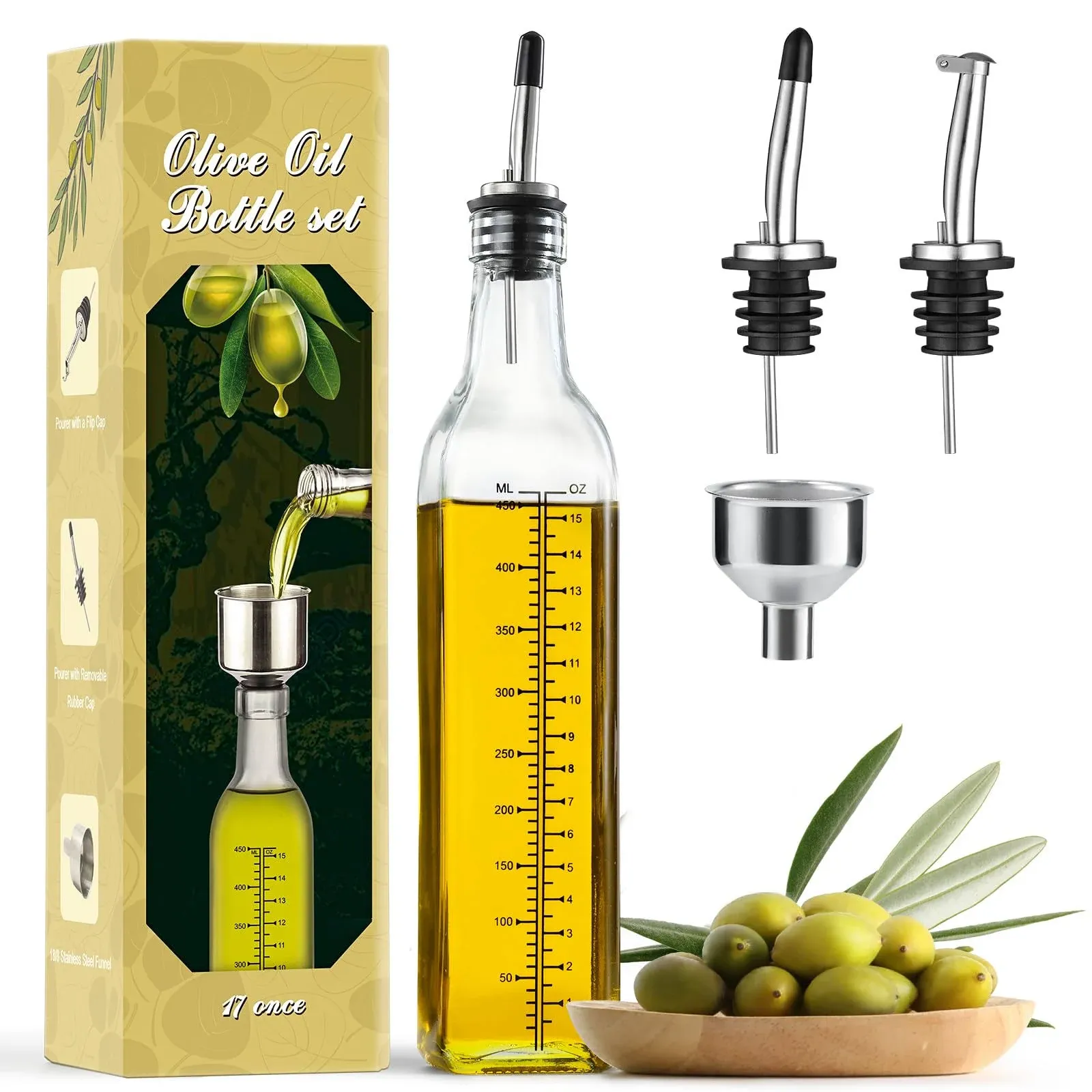 Aozita 17oz Glass Olive Oil Dispenser Bottle - 500ml Clear -Oil & Vinegar Cruet ...