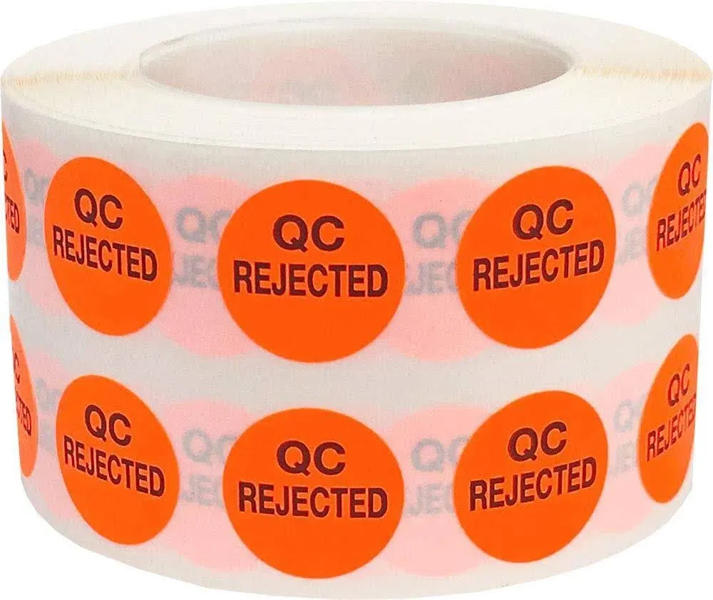 Quality Control Rejected Stickers, QC Tester Labels on Fluorescent Red Paper, Suitable for Warehouse and Manufacturing, 1/2 Inch Round, 1000 Labels Per Roll